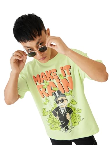 Image of The Souled Store Official Monopoly: Make It Rain Men and Boys Short Sleeve Round Neck Green Graphic Printed Cotton Oversized T-Shirts