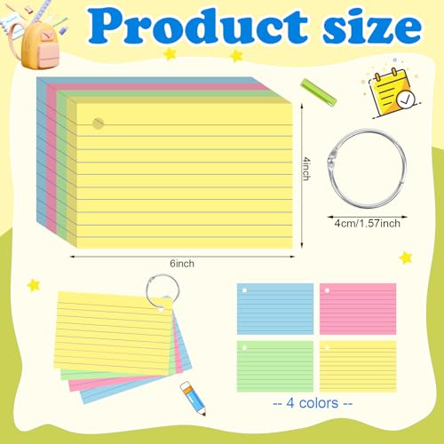 image for YAGUAO Colored Index Cards 4x6 Inch Flash Cards with Ring Lined Flashc