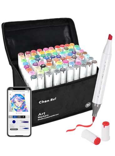 Chen Rui 80 Couleurs Feutres a Alcool avec App, Feutres Coloriage Adulte, Marqueurs Double Pointe (Pinceau & Biseautée), Marqueur à Alcool pour Artistes, Étudiants, Animation, Art Esquisse