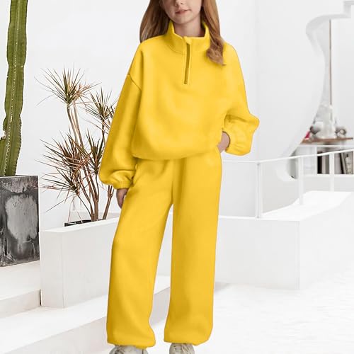 Girls Fleece Sweatsuit 2 Piece Outfit Turtleneck Half Zip Up Winter Outfits Kids Long Puff Sleeve Warm Fall Tracksuit3