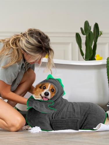 Hundebademantel Schnell Trocknend Badetuch aus Mikrofaser, Bibykivn Einstellbar Hundehandtuch mit Klettverschluss, Saugfähiger Hunde Bademantel mit Hut für Mittlere Kleine Hunde (Grau grün, M)