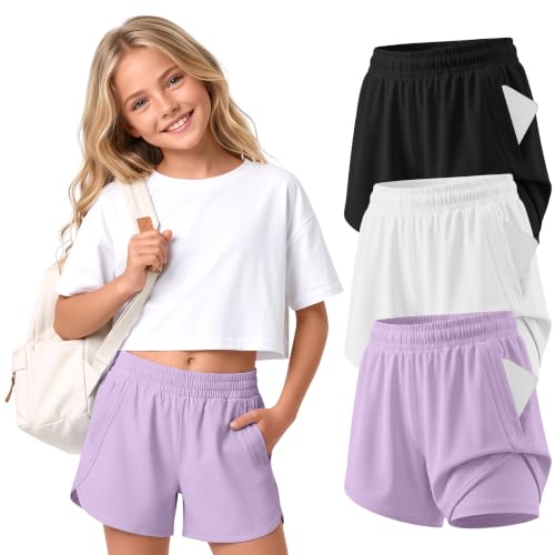 Yooo's Vivi 3 Pack Girls' 2 in 1 Athletic Shorts, 3-Color, 5-6 Years