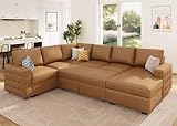 HONBAY Sleeper Sectional Couch with Pull-Out Bed Sectional Sleeper Sofa Pull Out Bed with Storage Chaise, 6 Seaters Couch for Living Room, Faux Leather Brown