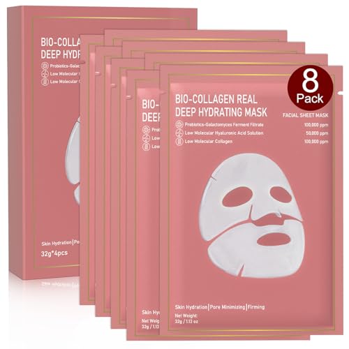 Nityrliv Bio-Collagen Real Deep Mask, 8 Pack Overnight Hydrating Face Mask for All Skin Types,Original Hydrating Collagen Face Mask