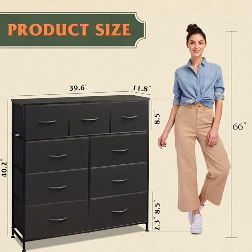 Image of WLIVE 9-Drawer Dresser, Fabric Storage Tower for Bedroom, Hallway, Entryway, Closet, Tall Chest Organizer Unit with Fabric Bins, Steel Frame, Wood Top, Easy Pull Handle, Charcoal Black