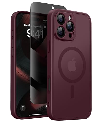 GOLBINBOX Magnetische Hülle für iPhone 16 Pro mit Sichtschutz[Kompatibel mit MagSafe][Stoßfest und langlebig & Magnetkraft][Kameraschutz] Halbtransparent Matte iPhone 16 Pro Handyhülle Rotwein