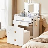 TUKAILAi Tocador 3 en 1 con Espejo LED Abatible, 3 Cajones y Banco con Almacenamiento para Dormitorio