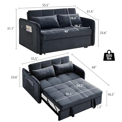 Loveseat Sleeper with USB Ports Velvet Pull Adjustable Backrest, Sofa Bed with Toss Pillows, Futon Couches for Living Room Apartment Office, Black