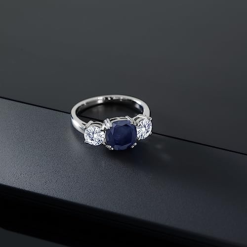 Gem Stone King 3.82 Cttw Blue Sapphire and White Moissanite 3 Stone Engagement Ring For Women | 925 Sterling Silver | Gemstone September Birthstone | Cushion 8MM | Available in Size 5,6,7,8,94