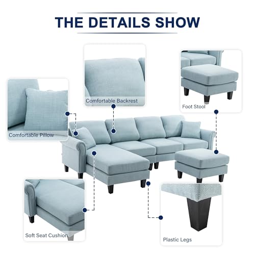 Image of Nathan 6 Seater L Shape Sofa with Centre Table | 6 Seater Sofa Set for Living Room | Premium Fabric Sofas (Nathan LightBlue, RHS)