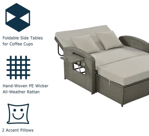 Lin-Utrend Double Chaise Lounge Outdoor, Rattan Pe Wicker Patio Double Reclining Chair, 2-Person Sunbed With 3 Adjustable Backrest With Furniture Protection Cover And Cup Tray,Gray #TOP5