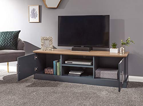 GFW Kendal Oak Large Unit with Display Shelf & Storage, Wooden Entertainment Stand Cabinet with Rear Cable Entry for Max 65 Inch TV, Slate Blue, H-48cm x W-150cm x D-39cm - Image 5