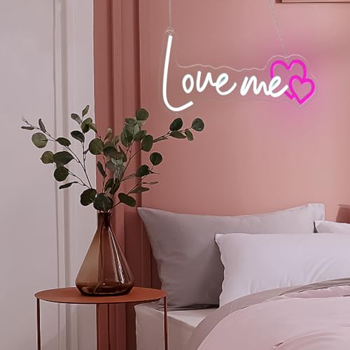 Image of Custom Neon Signs Love Me Neon Signs With Pink Double Hearts Led Neon Light for Wall Decor,Living Room, Bar，Romantic LED Designed for Valentine's Day Great Gift (16inch)