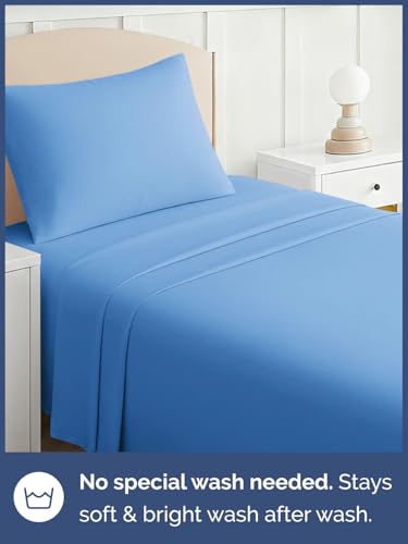 Image of Kids Twin Size Bed Sheet Set - 3 Piece Kids Loft Bed Sheets - Solid Blue Themed Bedding - Soft, Cute and Cozy - Breathable and Machine Washable - Bedding for Boys, Girls, Teens & Toddlers - Oeko-Tex