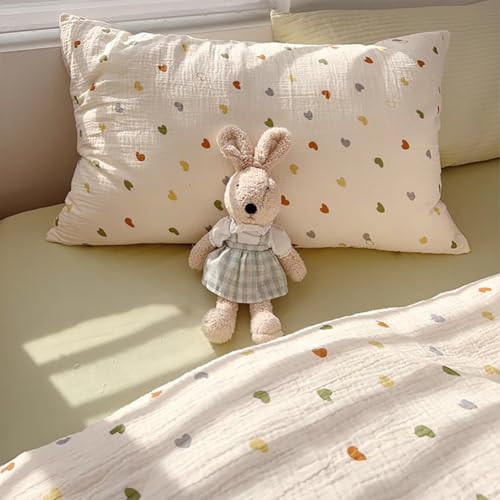 AShanlan Kinderbettwäsche 100x135 Baumwolle Musselin Bettwäsche Kinder Mädchen 100 x 135 cm + Kissenbezug 40x60 cm Bunte Herzen Muster Oeko-TEX zertifizierte Bettbezug mit Reißverschluss