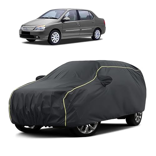Image of Sulfar 100% Water Resistant Car Body Cover Compatible with Mirror for Tata Indigo XL (Triple Stitched, Full Bottom Elastic, Dark Grey Taffeta with Yellow Piping)