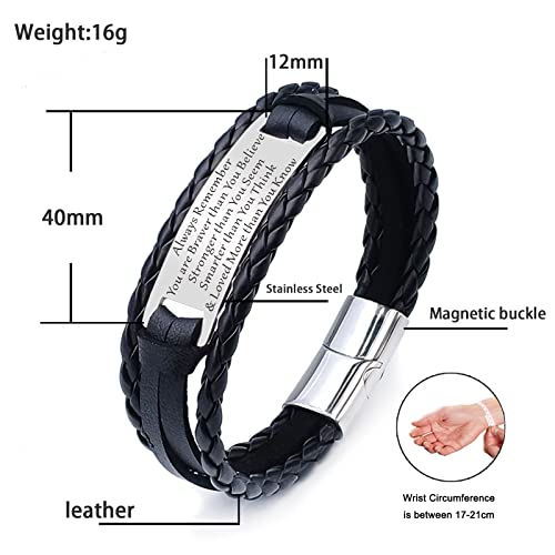 HAYOUWAY Mens Leather Bracelet Gifts for Him Men, Personalised Handmade Braided Leather Bracelet for Men Women Teen Boys Son Gifts with Stainless Steel Magnetic Clasp Engraved Inspirational Quote