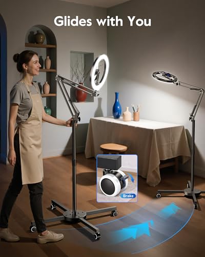 Image of Ring Light with Stand & Lockable Wheels, Ring Light Tripod for iPhone with Phone Holder for Video Recording, Overhead Phone Mount, 30 Lighting Combinations, Perfect for Crafts /Live Streaming /Tutorials