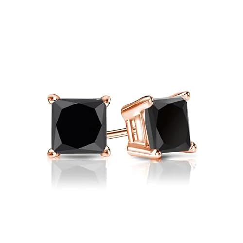 Paris Jewelry® 14K Rose Gold Created Black Diamond Princess Cut Stud Earrings For Women & Men, 1/4 CT Square 4MM Push Back Fine Jewelry Gift
