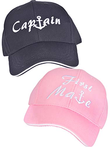Captain & First Mate Hats| Baseball Caps Pack of 2| Nautical Marine Sailor Hats Black and Pink, Matching Skipper Boating Baseball Caps,Captains Hat for Boating