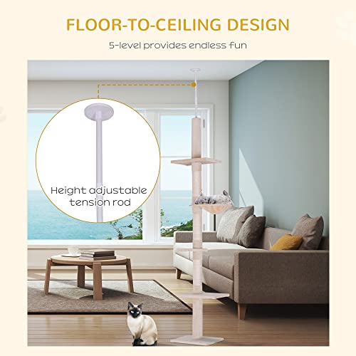 PawHut Floor to Ceiling Cat Tree for Indoor Cats 5-Tier Kitty Tower Beige - Image 5