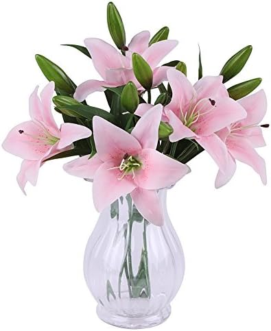 StarLifey Silk Lily Bouquet Artificial Silk Flower Leaf Bridal Bouquet Wedding Living Room Table Home Garden Decoration 5 pcs (Light Pink)