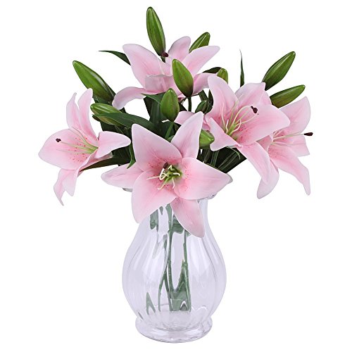 Starlifey Silk Lily Bouquet Artificial Silk Flower Leaf Bridal Bouquet Wedding Living Room Table Home Garden Decoration 5 Pcs (Light Pink) #TOP14