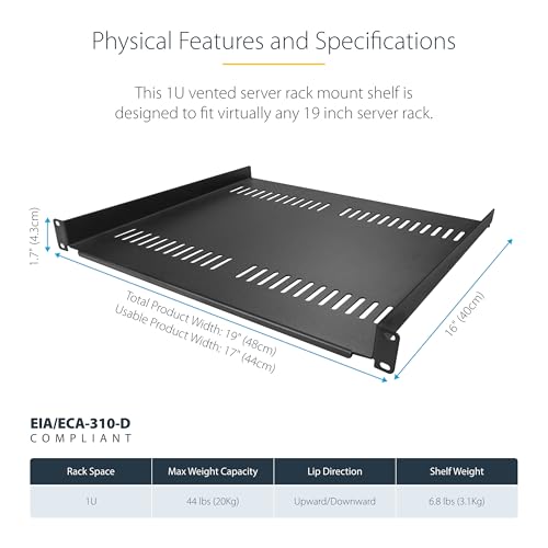 Image of StarTech.com 1U Server Rack Shelf - Universal Vented Rack Mount Cantilever Tray for 19 inch Network Equipment Rack & Cabinet - Heavy Duty Steel - Weight Capacity 44lb /20kg - 16 inch Deep Shelf (CABSHELF116V)