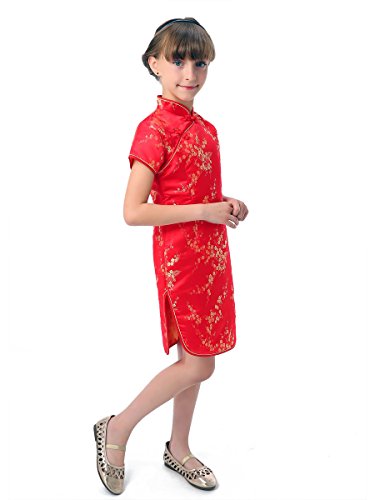 Girl's Red Chinese Dress with Golden Wintersweet Blossom3