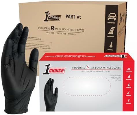 1st Choice Black Nitrile Gloves, Disposable, Latex-Free, 6 Mil, Textured, Industrial, for Mechanics, Cleaning, Automotive Use 1st Choice Black Nitrile Gloves, Disposable, Latex-Free, 6 Mil, Textured, Industrial, for Mechanics, Cleaning, Automotive Use