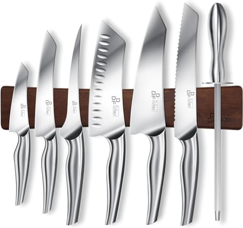 DDF iohEF Set di Coltelli da Cucina in Acciaio Inossidabile Del Giappone da 8 Pezzi con Ceppo Portacoltelli Magnetico, Ultra Affilati con Affilatore