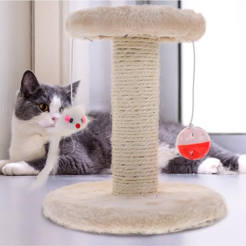 Poste rascador para gatos beige con bolas de peluche miniatura 7