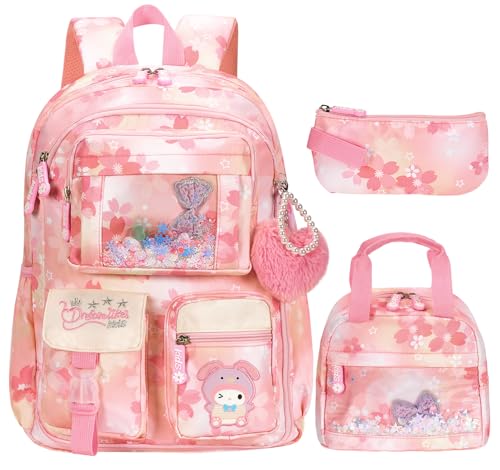 PIEAUWIE Kids Backpack for Girls Cartoon School Bag for Elementary Middle School Students Kawaii Childrens Book Bag with Lunch Box & Pencil Case (17inch Set Pink)