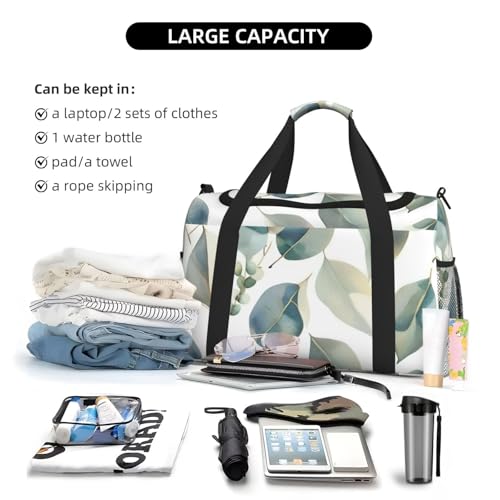 Eucalyptus Leaves Print Foldable Carry On Tote Large Capacity Hand Carry Bag for Airplane Weekend Getaways 6