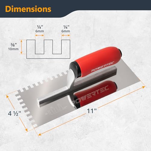 Image of POWERTEC Square Notch Trowel - 1 /4 inch x 3 /8 inch Stainless Steel Square-Notch Tile Trowel with Soft Grip Handle for Thinset Mortar, Mastic & Tile Installation Work (72781)