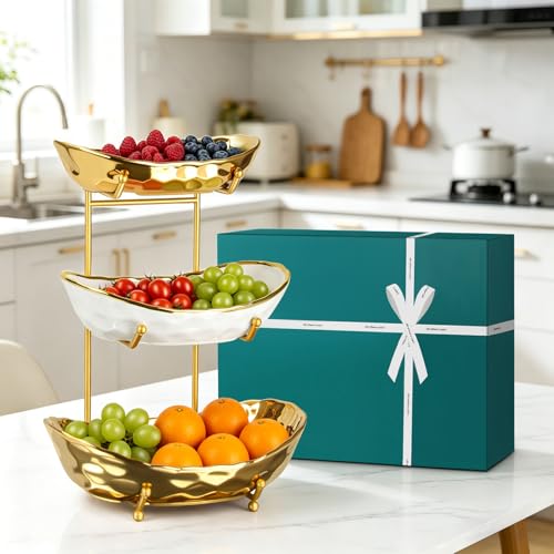 3 Tier Ceramic Fruit Bowl for Kitchen Counter, Tiered Fruit Basket Stand with Gold Metal Rack, Decorative Fruit Holder for Table, No Assembly Serving Bowls for Party Snacks & Housewarming Gift - image 8