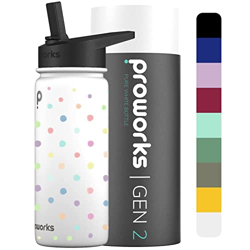 Proworks Gen 2 Botella Agua Acero Inoxidable con Pajita 1L Termica - 24 Horas de Frío 12 Horas de Calor Agua a Prueba de Fugas - Blanco Puro - Lunares