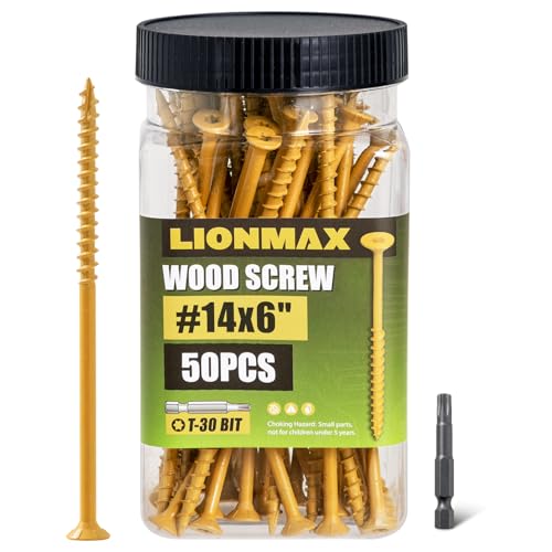 Image of LIONMAX Deck Screws #14 x 6 Inch, 50 PCS, Long Wood Screw, Rust Resistant, Exterior Epoxy Coated for Outdoor Decking, Torx /Star Drive Head, T30 Star Bit Included