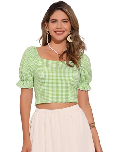 Allegra K Smocked Crop Top for Women's Bubble Sleeve Peasant Gingham Plaid Tops Green M