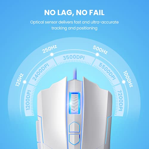 Weemsbox Gaming Mouse, Wired Gaming Mice [Breathing Rgb Led] [Plug Play] High-Precision Adjustable 7200 Dpi, 7 Programmable Buttons, Ergonomic Computer Usb Mouse For Windows/Pc/Mac/Laptop Gamer-White #TOP3