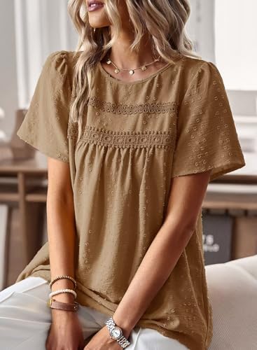 Image of Falechay Womens Summer Tops Crewneck Short Sleeve Shirts Casual Chiffon Blouses Flowy Lace Hem Boho Clothing Trendy 2026