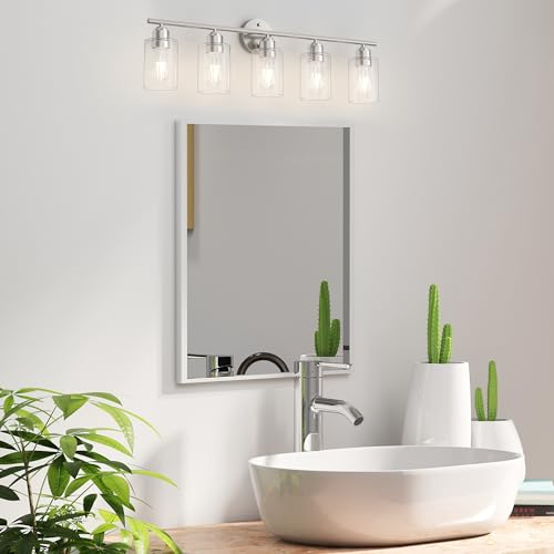 Image of Bathroom Vanity Light Fixtures Brushed Nickel Bathroom Lighting Fixture, 5 Lights Bathroom Light Fixture Over Mirror, Modern Black Vanity Light, Wall Sconces with Glass Shades