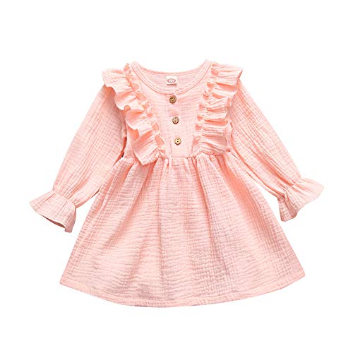 Karuedoo Kids Toddler Baby Girl Corduroy Ruffle Long Sleeve Dress Princess Party Dress with Headband Fall Winter Skirt Outfit (Cotton Linen Ruffle Dress Pink, 4-5T)