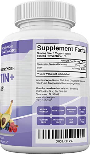 Biotin 10,000Mcg (Vitamin B7 10Mg) With Calcium | Highest Potency For Healthy Hair, Nails, And Skin | 100% Pure, All Natural, Non-Gmo, Vegan, Sugar Free (60 Capsules) #TOP4