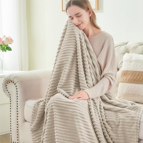Image of BEDELITE Fleece Blanket Full Size - 3D Ribbed Jacquard Soft and Warm Decorative Fuzzy Blankets - Cozy, Fluffy, Plush Lightweight Throw Blankets for Couch, Bed, Sofa(Linen, 84x90 inches)