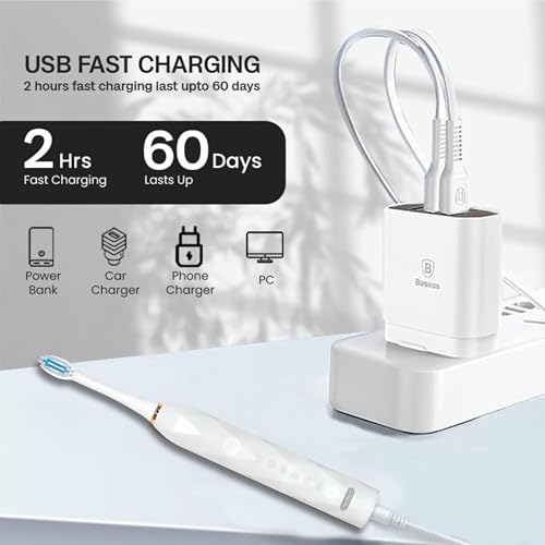 Image of X-9 Sonic Electric Toothbrush For Men & Women Reachargeable With 4 Brush Heads And Charging Cable 6 Brushing Modes Upto 42000 Strokes Per Minute 2 Minutes Smart Timer 30 Seconds Zone Change Reminder IPX-7 Waterproof 55DB Noise Reduction 1 Year Warranty (White)