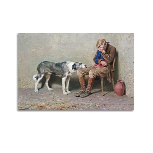 Stampa artistica da parete su tela con immagine di Briton Riviere (fedeltà) per soggiorno, pareti, casa, 30 x 45 cm