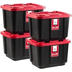 IRIS USA 4-Pack 12 Gal Heavy Duty Storage Tote Bins with Lids, Red | Design stores seasonal gear, supplies and equipment, Stackable shape maximizes garage and shelf space