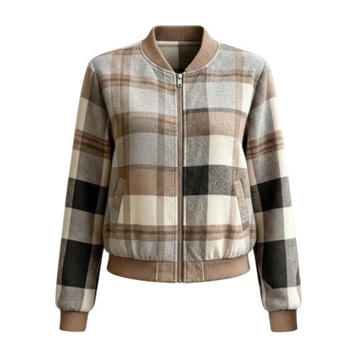 JiXiang Plaid Jacket Women Long Sleeve Stand Collar Baggy Outwear Casual Zip Up Lightweight Fall Winter Trendy Bomber Shacket - image 4