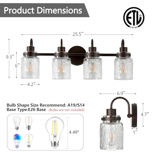Image of 4 Lights Hammered Glass Bathroom Vanity Light, Oil Rubbed Bronze